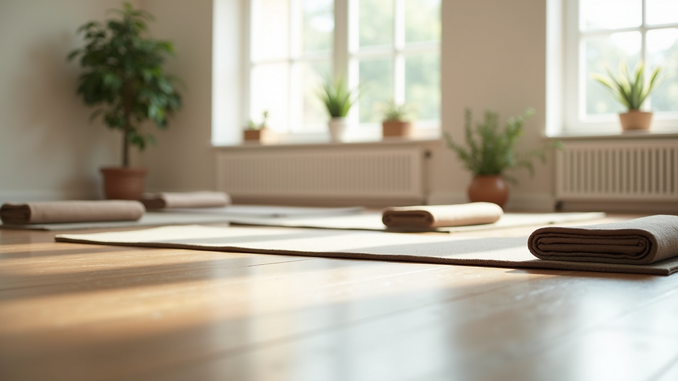 Eye-level view of a bright wellness workshop room with yoga mats arranged neatly