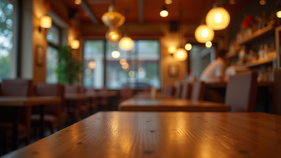 Eye-level view of a cozy restaurant interior with wooden tables and warm lighting