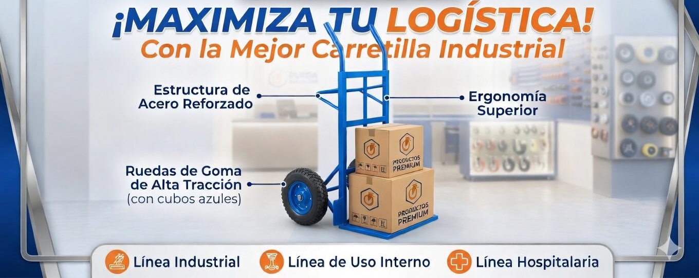 Carretilla industrial azul con ruedas de goma de alta tracción y cubos azules