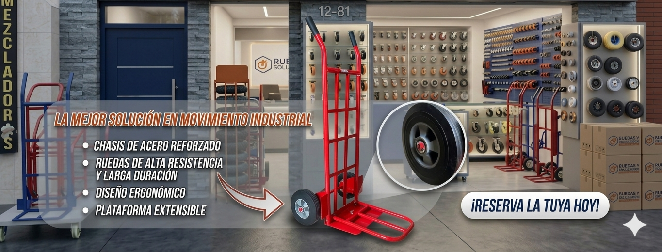 Carretilla industrial roja con plataforma extensible y ruedas neumáticas de alta resistencia