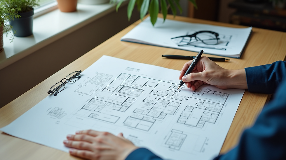 High angle view of a commercial space layout plan on a desk