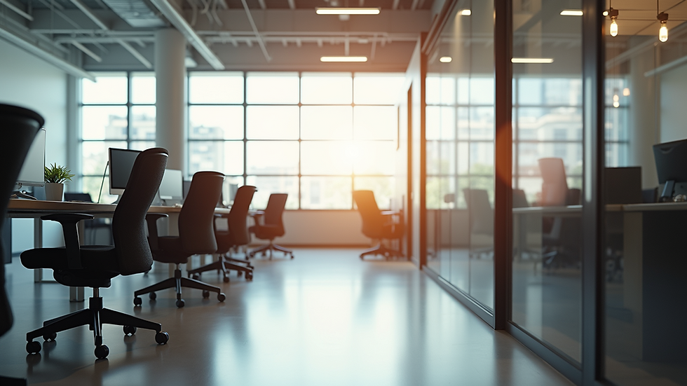 Eye-level view of a modern office space with natural light and ergonomic furniture
