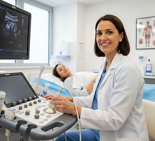 sonographer happily working with a patie