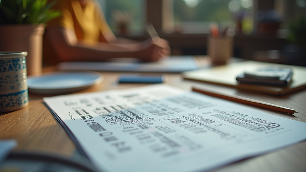 Eye-level view of a creative workspace with design tools and materials