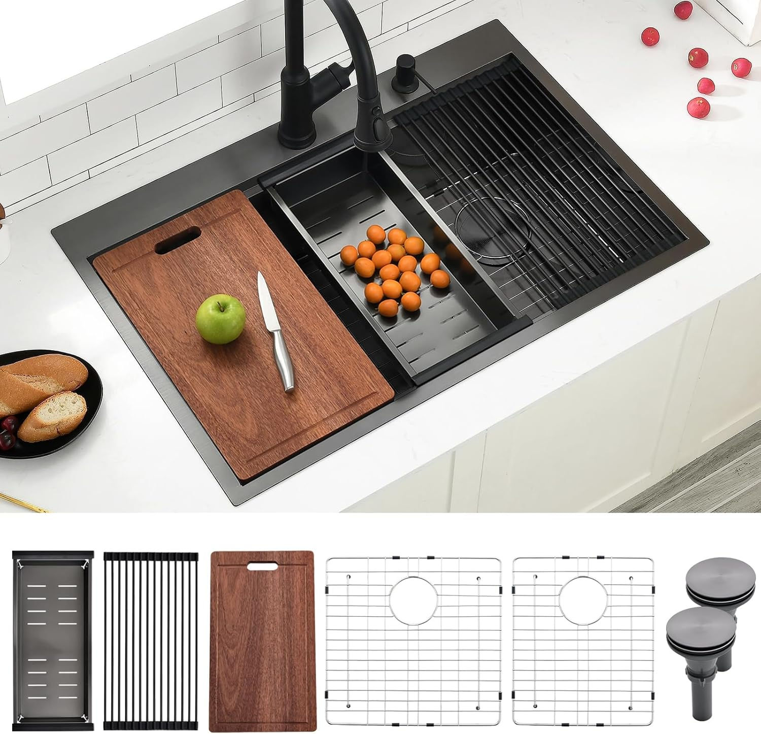 30x22 Black Drop in Double Kitchen Sink, Swift Horse 30 Inch 16Gauge