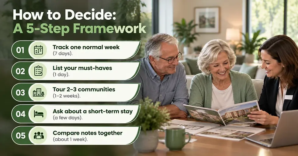 Seniors and family comparing independent living and staying at home using a 5-step decision framework