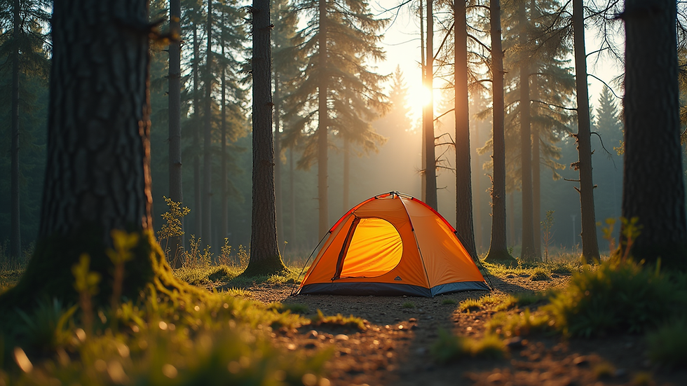 Eye-level view of a camping tent pitched in a forest clearing