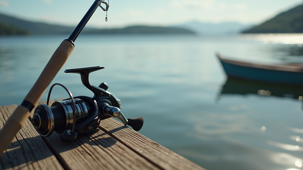 Close-up view of fishing rod and tackle box on a wooden dock