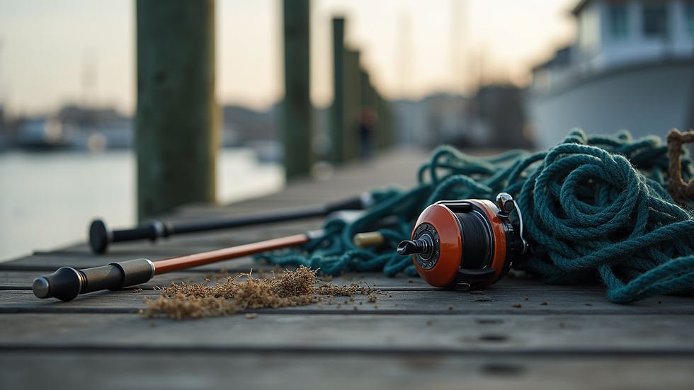 Close-up view of fishing gear laid out on a wooden dock