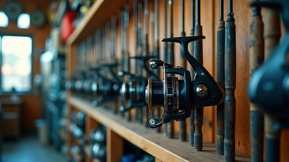 Eye-level view of fishing rods and reels displayed neatly in a tackle shop