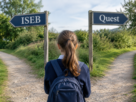 Schoolgirl in navy uniform standing at a fork in a path, with signposts pointing to ISEB and Quest.