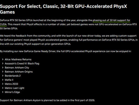 NVIDIA restaura la compatibilidad con PhysX para determinados juegos de 32 bits en las GPU GeForce RTX serie 50.