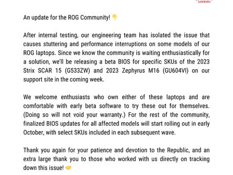 ASUS lanza actualizaciones de BIOS para los modelos Strix SCAR 15 y Zephyrus M16 de 2023 que solucionan los problemas de intermitencia.