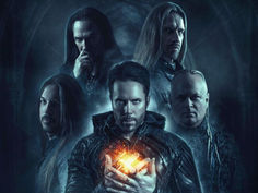 Five stern fantasy men in dark blue smoke, central figure holding a glowing orange orb to his chest.
