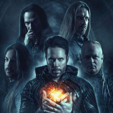 Five stern fantasy men in dark blue smoke, central figure holding a glowing orange orb to his chest.