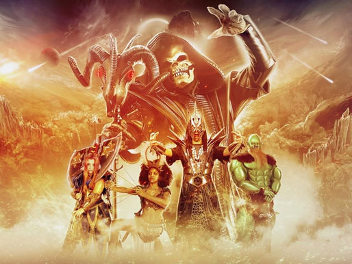 Fantasy scene with armored figures and a green creature in a fiery, alien landscape. A hooded skeleton looms above, exuding a mystical aura.