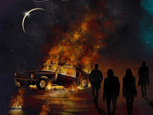 Burning car in a dark landscape, five silhouetted figures nearby. Text reads "Star Circus" and "From The Wreckage." Moon overhead.