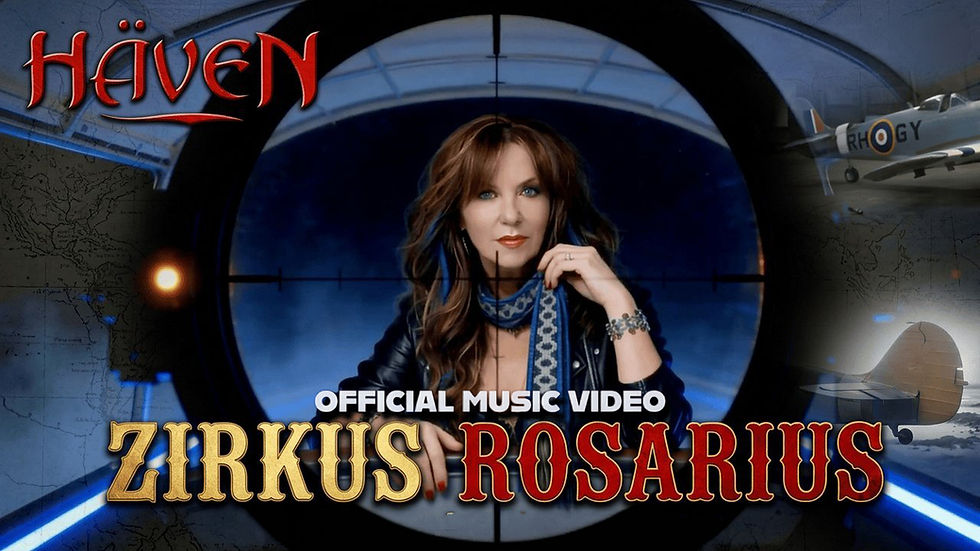 Woman with brown hair in a leather jacket, in front of a target scope. Text: Zirkus Rosarius. Airplane and map in the background.