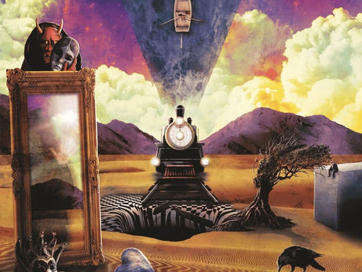 Surreal scene with a train, boat, and masks in a desert. A crow observes a framed picture. Vibrant sky with mountains and clouds.