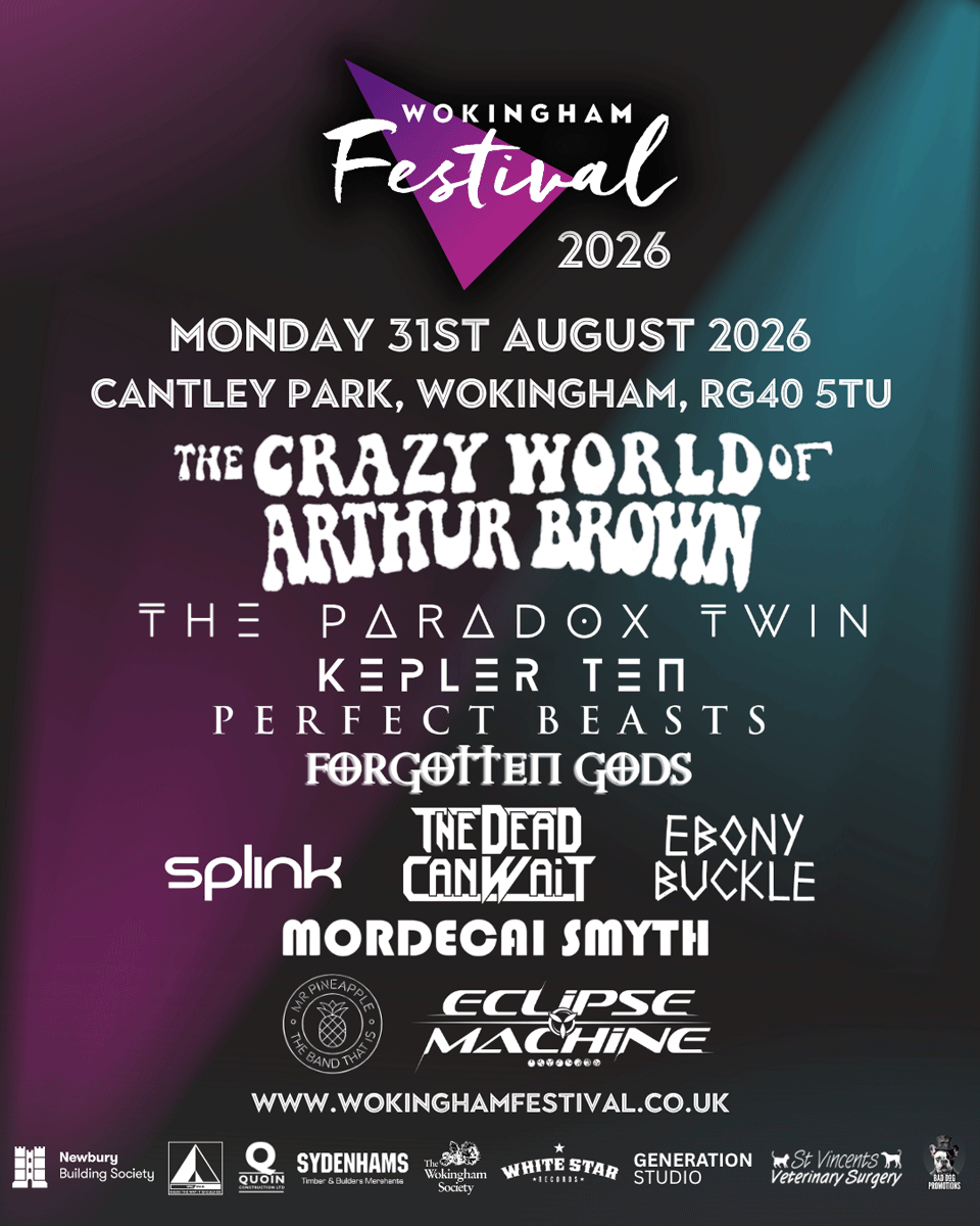 Wokingham Festival 2026 poster on black, purple and teal background with event date, venue, website, and band lineup.