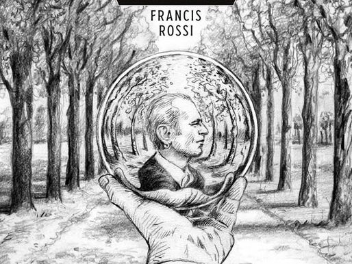 Hand holding a reflective sphere with a man's profile among trees. Text reads "The Accidental, Francis Rossi." Black and white sketch.