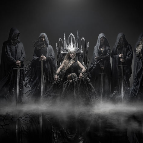 Gothic queen on thorned throne with four hooded figures holding swords in a smoky dark studio, black and silver, eerie mood.