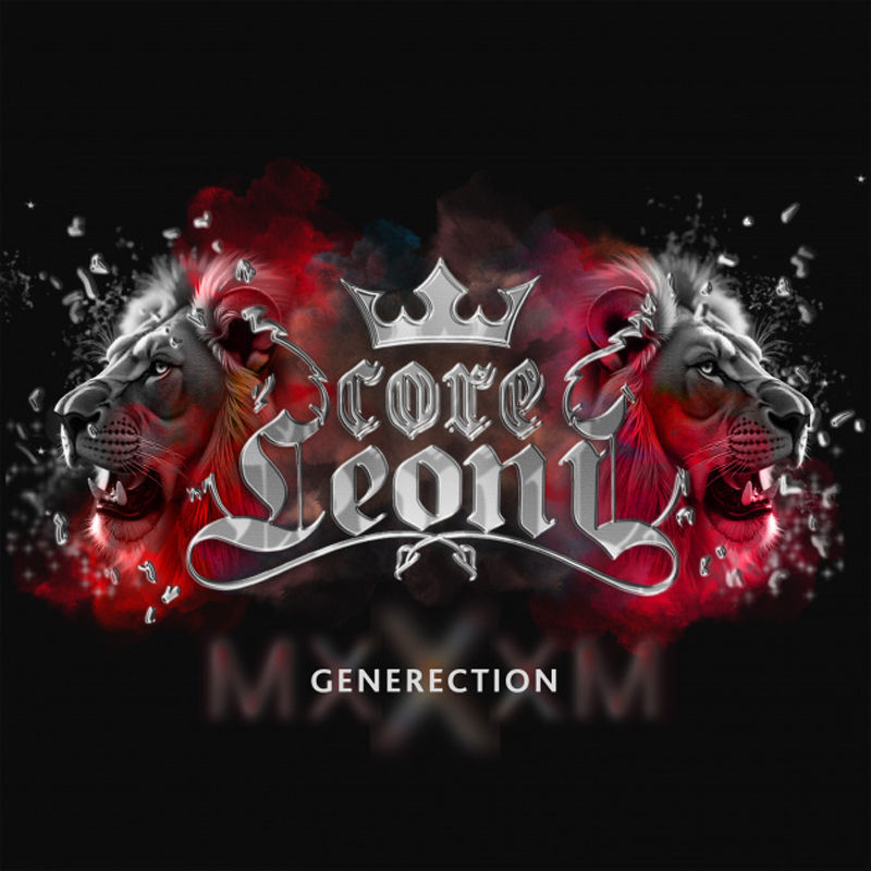 Mirrored lion heads flank Core Leoni with a crown, red smoke, and GENERATION on a black background.