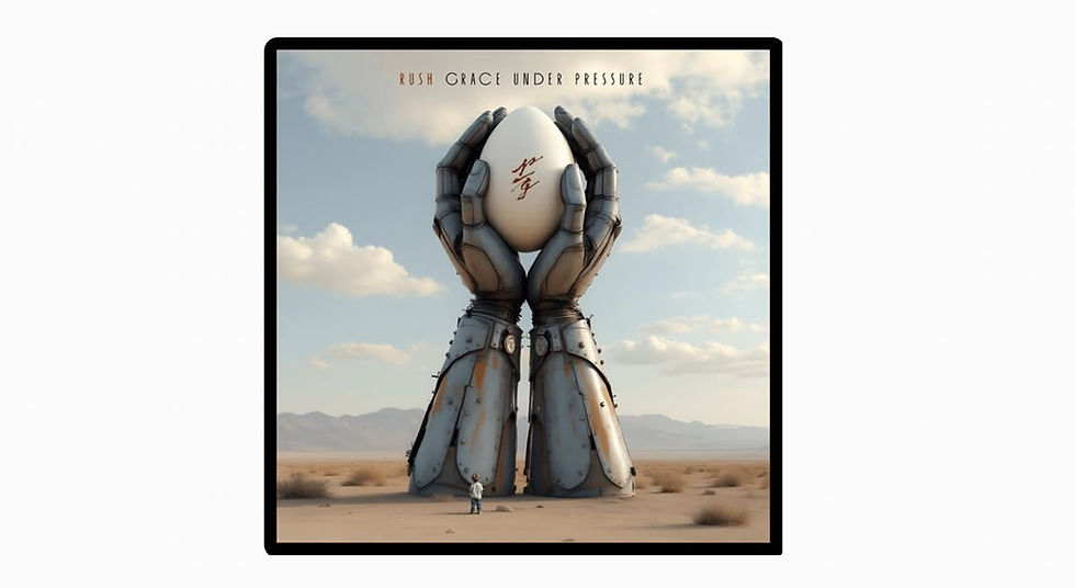 Robotic hands holding an egg with symbols in a desert. A small figure stands nearby. Text reads: Rush, Grace Under Pressure. Sky is blue with clouds.