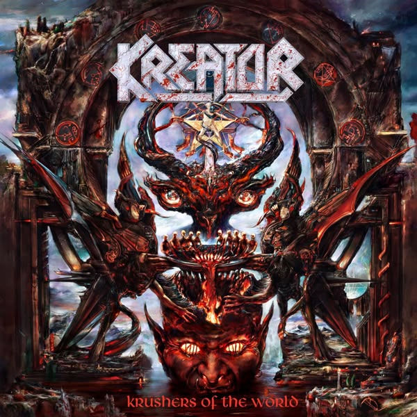 Demonic face with horns surrounded by fiery creatures and ruins. Text reads "Kreator" and "Krushers of the World." Dark, intense atmosphere.