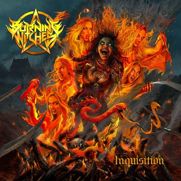 Fiery scene with a central figure surrounded by flaming women, snakes, and swords. Text: "Burning Witches" and "Inquisition." Dark, intense mood.