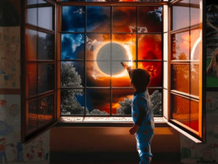 Child in pajamas points at solar eclipse through open window, illuminating a room filled with drawings. Sky displays vivid reds and blues.
