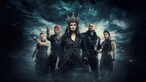 A woman in a crown stands confidently, surrounded by four serious men with weapons. Dark, stormy sky with sparks in the background.