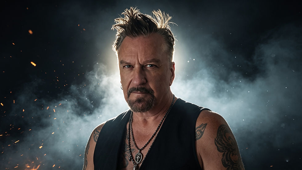 Intense tattooed man with spiked hair in a smoky dark studio, wearing a black vest and necklaces.