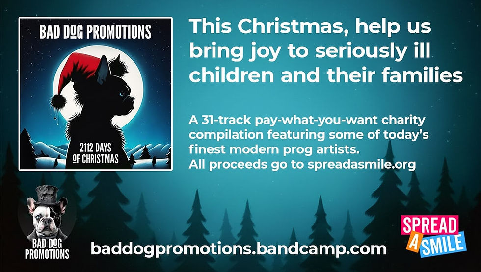 Charity album ad with cartoon dog in Santa hat, snowy landscape, and night sky. Text promotes helping ill children. SpreadASmile logo.