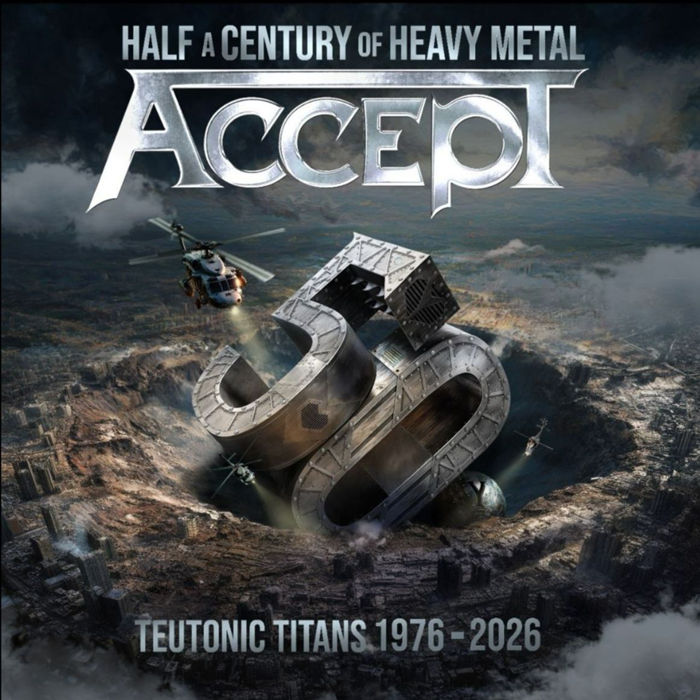 Accept album cover with giant metallic 50 in a smoky warzone, helicopters overhead, and text Half a Century of Heavy Metal