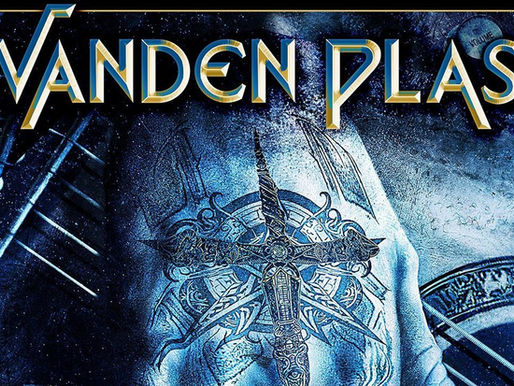 Blue-toned image with Vanden Plas text. Intricate sword and circular pattern are central, set against a cosmic and mechanical background.