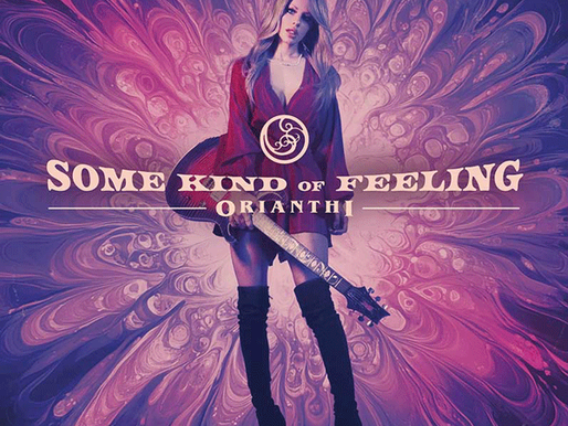 Woman holding a guitar stands against a swirling purple and pink background. Text: "Some Kind of Feeling, Orianthi." Vibrant and moody.