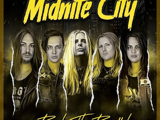 Band members' portraits on a gritty city background, yellow and black theme. Text: "Midnite City," "Bite The Bullet." Intense mood.