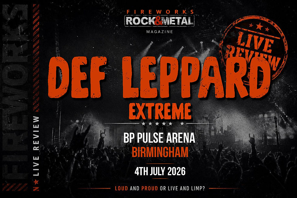 Rock & Metal magazine live review poster for Def Leppard Extreme at BP Pulse Arena, Birmingham, 4th July 2026, with crowd and stage lights.