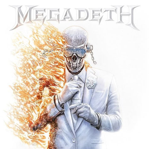 Skeleton in a white suit with one side on fire, wearing goggles. Background is white. The word "Megadeth" is at the top.