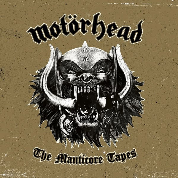 Aggressive snarling creature logo with tusks on a distressed brown background. Text: "Motörhead" and "The Manticore Tapes."