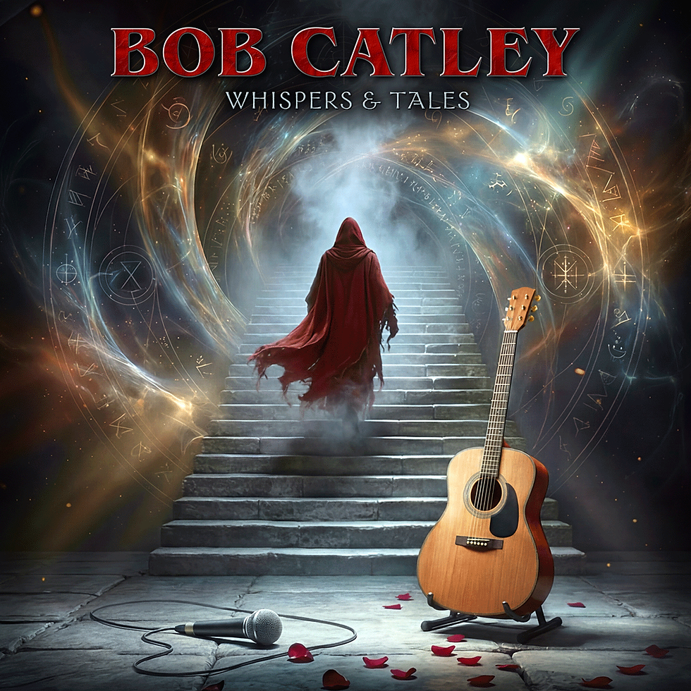 Poster for Bob Catley’s Whispers & Tales: hooded figure climbs misty stairs in a glowing arcane portal, with guitar and mic below
