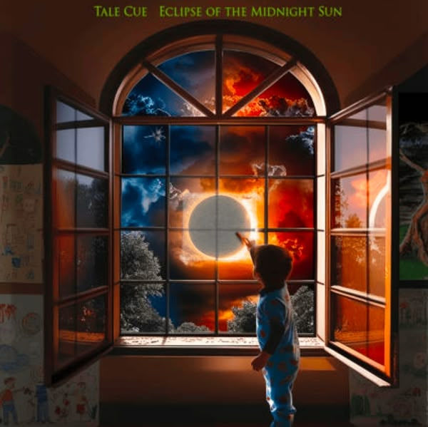 Child in pajamas points at window showing an eclipse against vibrant sky. Room has colorful wall drawings. Text: "Tale Cue Eclipse of the Midnight Sun".