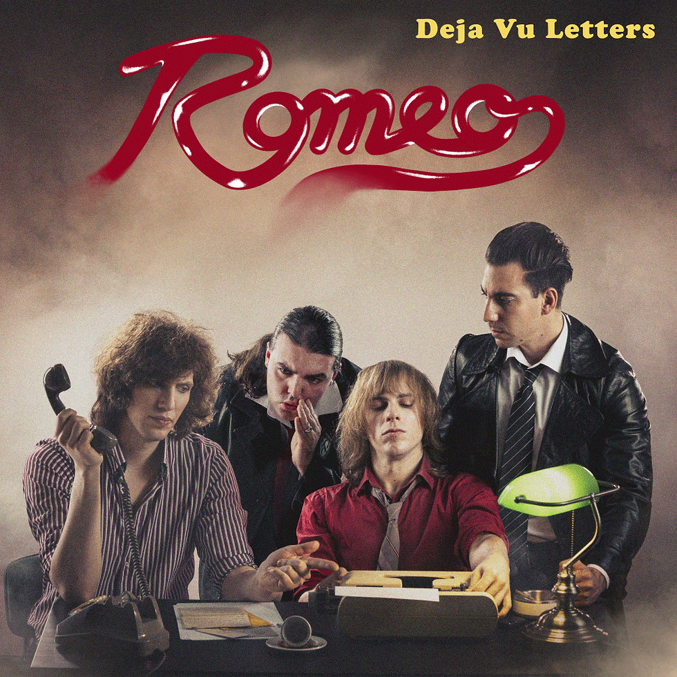 Four men in 70s attire sit at a desk with a typewriter and phone. One holds a receiver. "Romeo" and "Deja Vu Letters" text on top. Vintage mood.