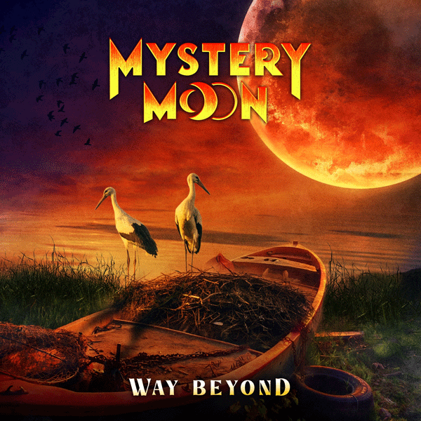 Poster for Mystery Moon: two storks stand on a boat in a marsh under a huge red moon, with Way Beyond text below.