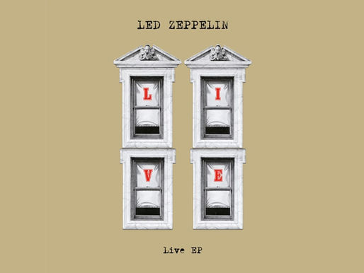 Marble window structures spelling "LIVE" in red letters, set against a beige background. Text: "LED ZEPPELIN Live EP" above and below.