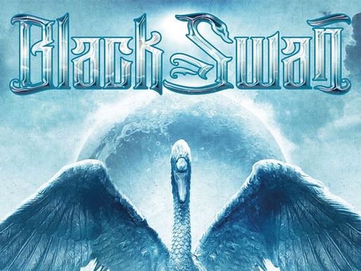 Blue-hued image of a black swan with wings spread, set against a full moon and cloudy sky. Stylized text "Black Swan" above.