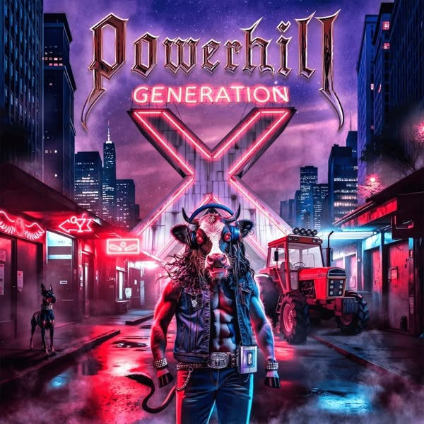 A minotaur with long hair and a denim vest stands in a neon-lit city street at night. "Powerhill Generation X" text above. Mood is edgy.