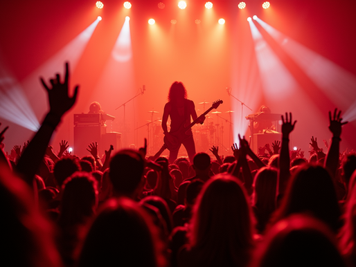 Silhouetted guitarist performing on stage under red lights, crowd with raised hands. Energetic concert atmosphere.