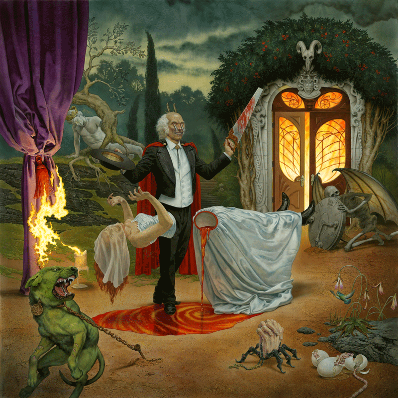 Surreal gothic scene: a tuxedoed man brandishes a bloodied knife beside a limp woman, with monsters, flames, and glowing doors.